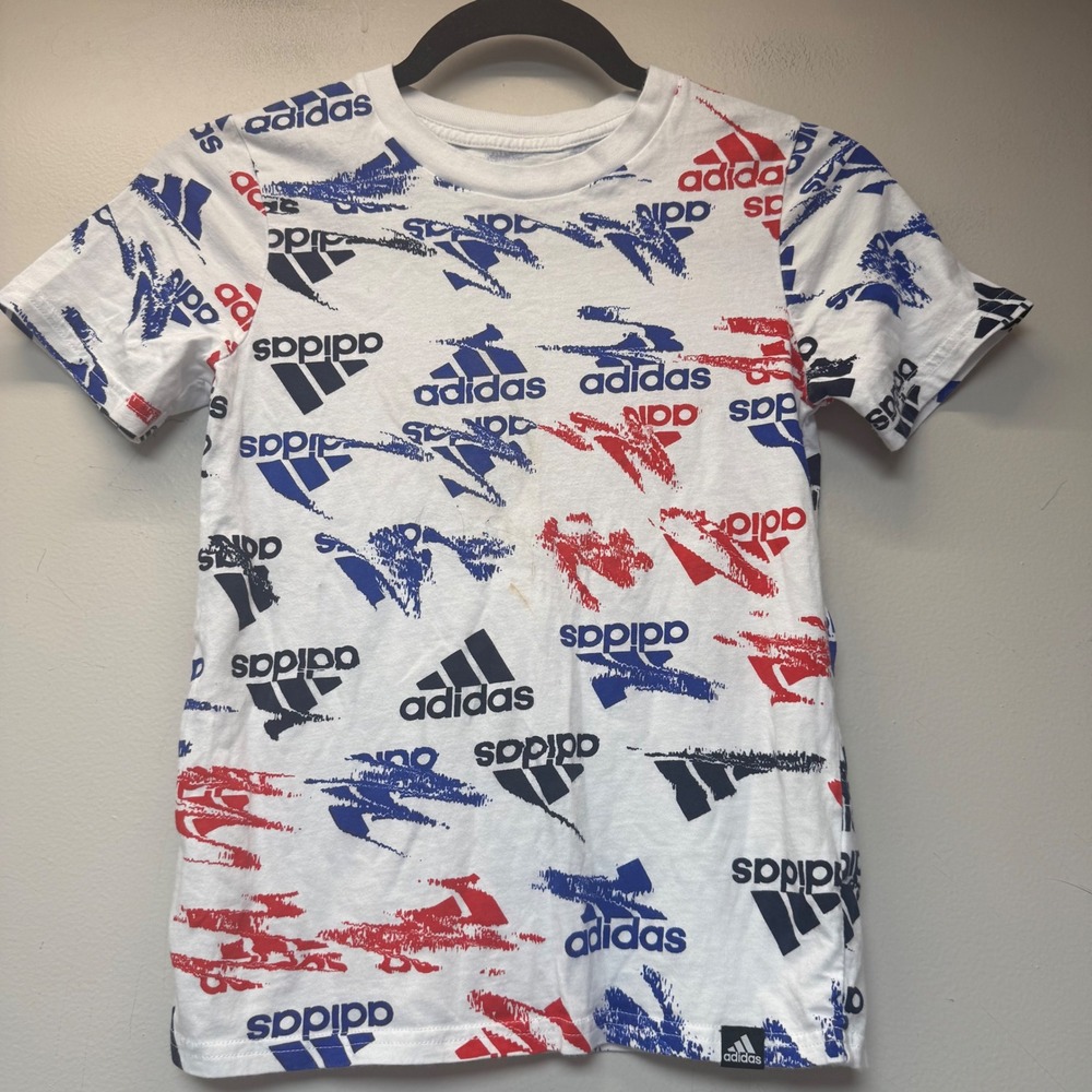 Adidas Graphic T-Shirt Boys Size 7 White Red Blue Good All Over Print Logo‎ Tee